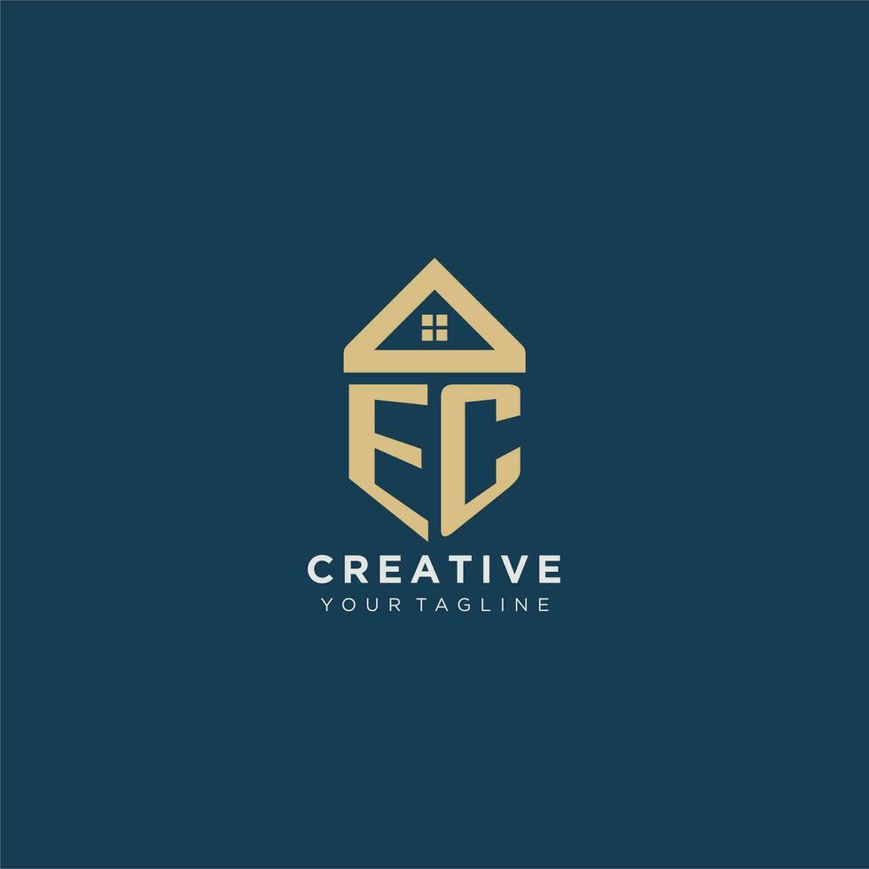 initial letter EC with simple house roof creative logo design for real estate company vector