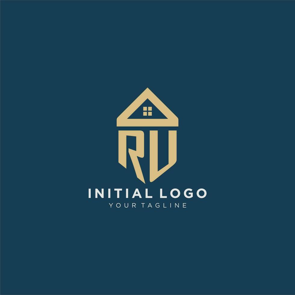 initial letter RU with simple house roof creative logo design for real estate company vector