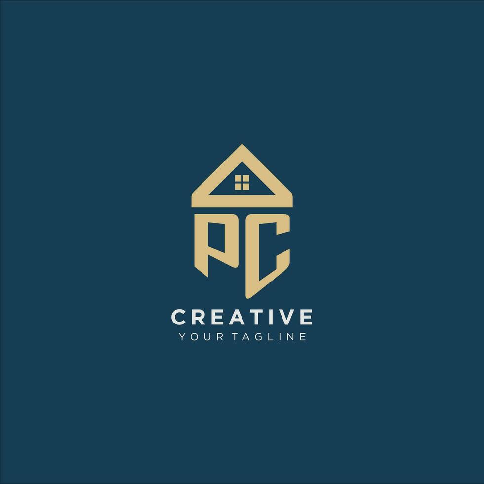 initial letter PC with simple house roof creative logo design for real estate company vector