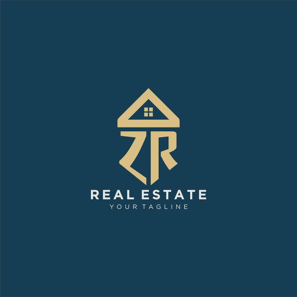 initial letter ZR with simple house roof creative logo design for real estate company vector