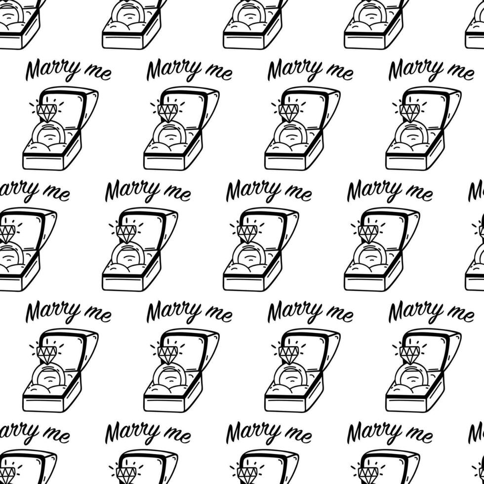 Marry me seamless vector pattern. Precious diamond engagement ring inside a gift box. A jewelry piece with a brilliant gemstone. Present for a date, proposal, wedding. Black and white background