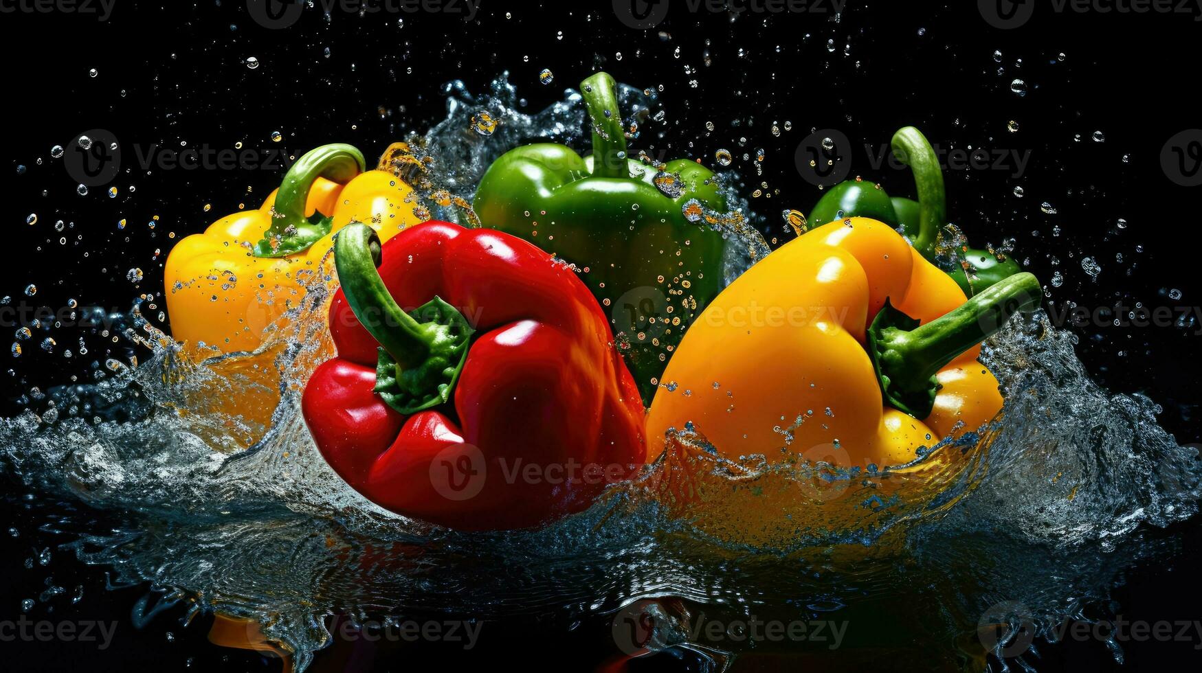 Bell peppers splashing in the water, AI Generated photo