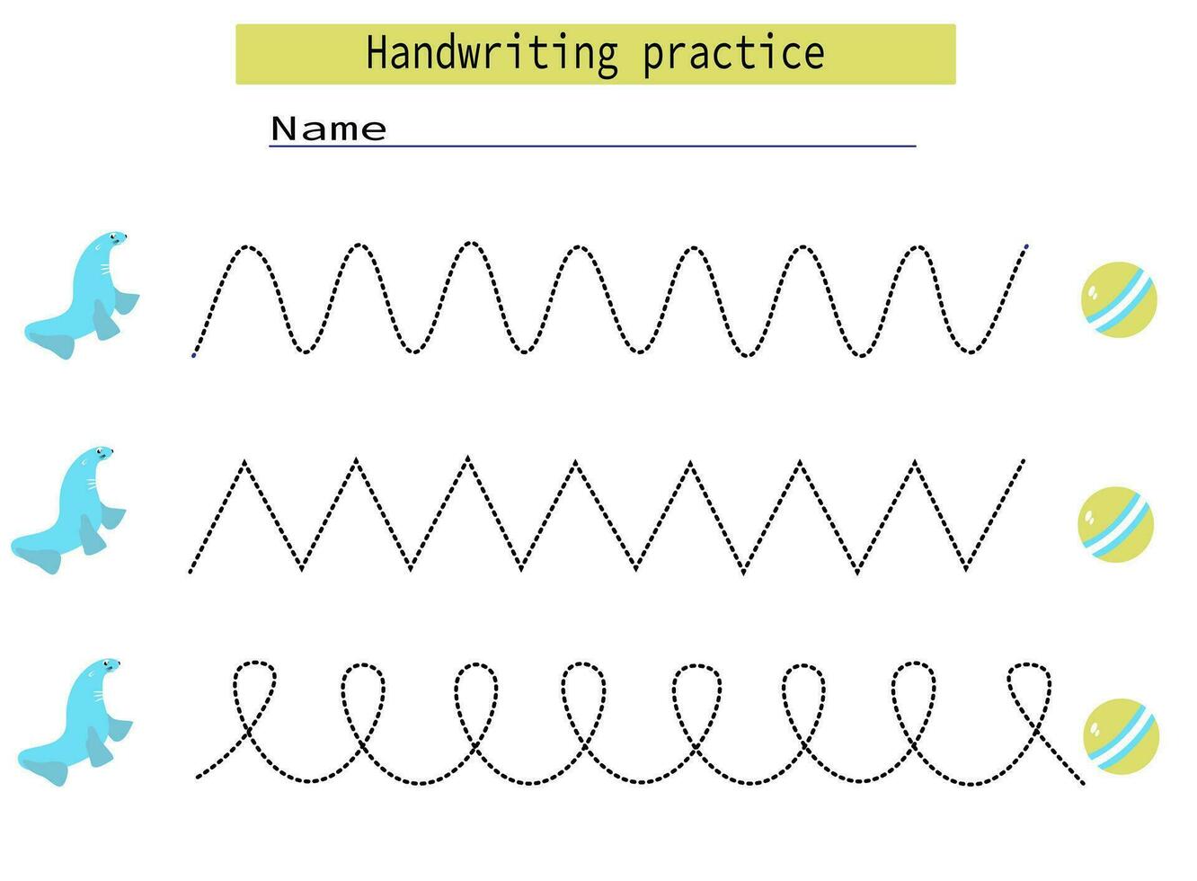 Trace lines for kids fur seal ball development practice handwriting for kids. EPS10 vector