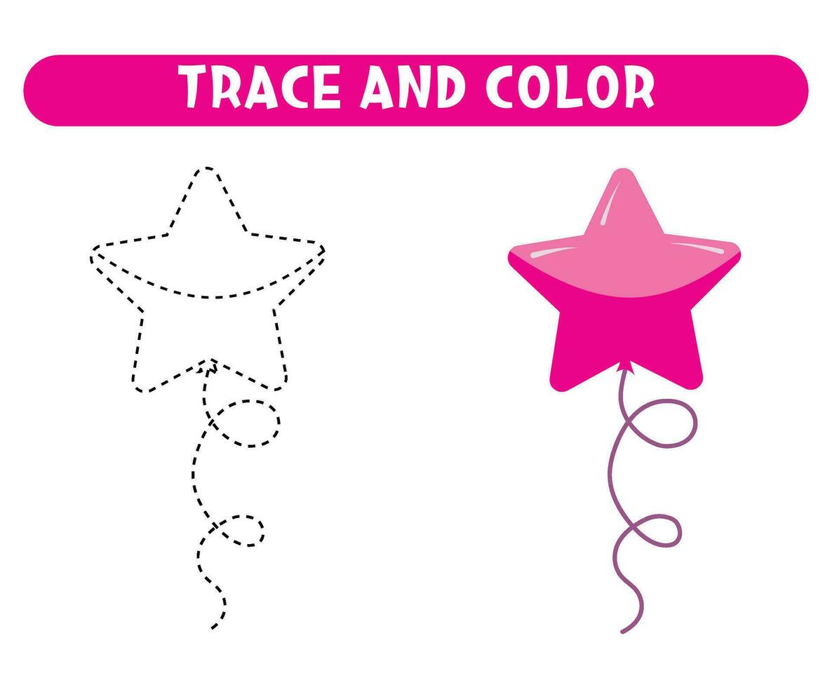 Trace and color pink balloon star. Educational game. Worksheet for kids vector