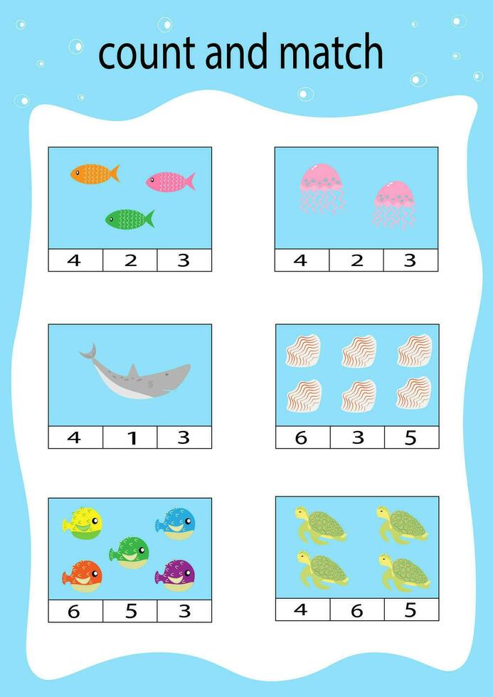 game development count and match ocean fish jellyfish turtle shark Vector EPS10