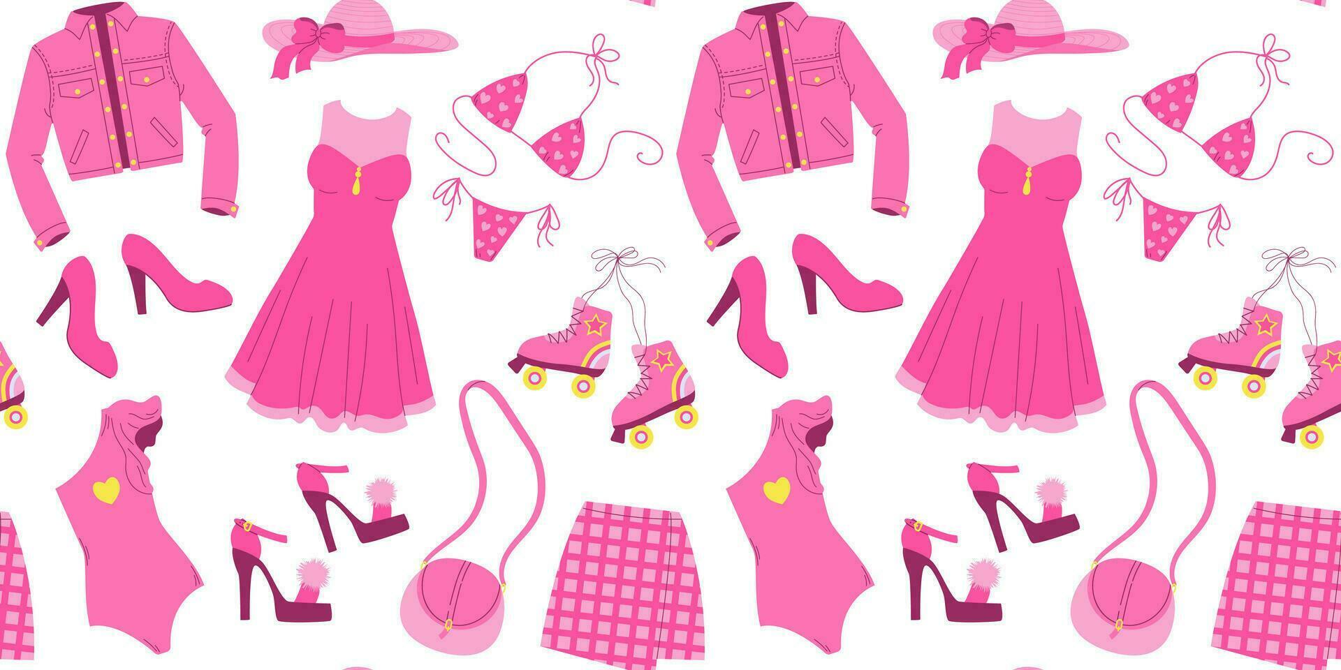 Seamless pattern with glamorous trendy pink clothing, bag, swimwear, shoes. Flat vector illustration on white background. Nostalgic Pinkcore 2000s style collection. Valentines day.