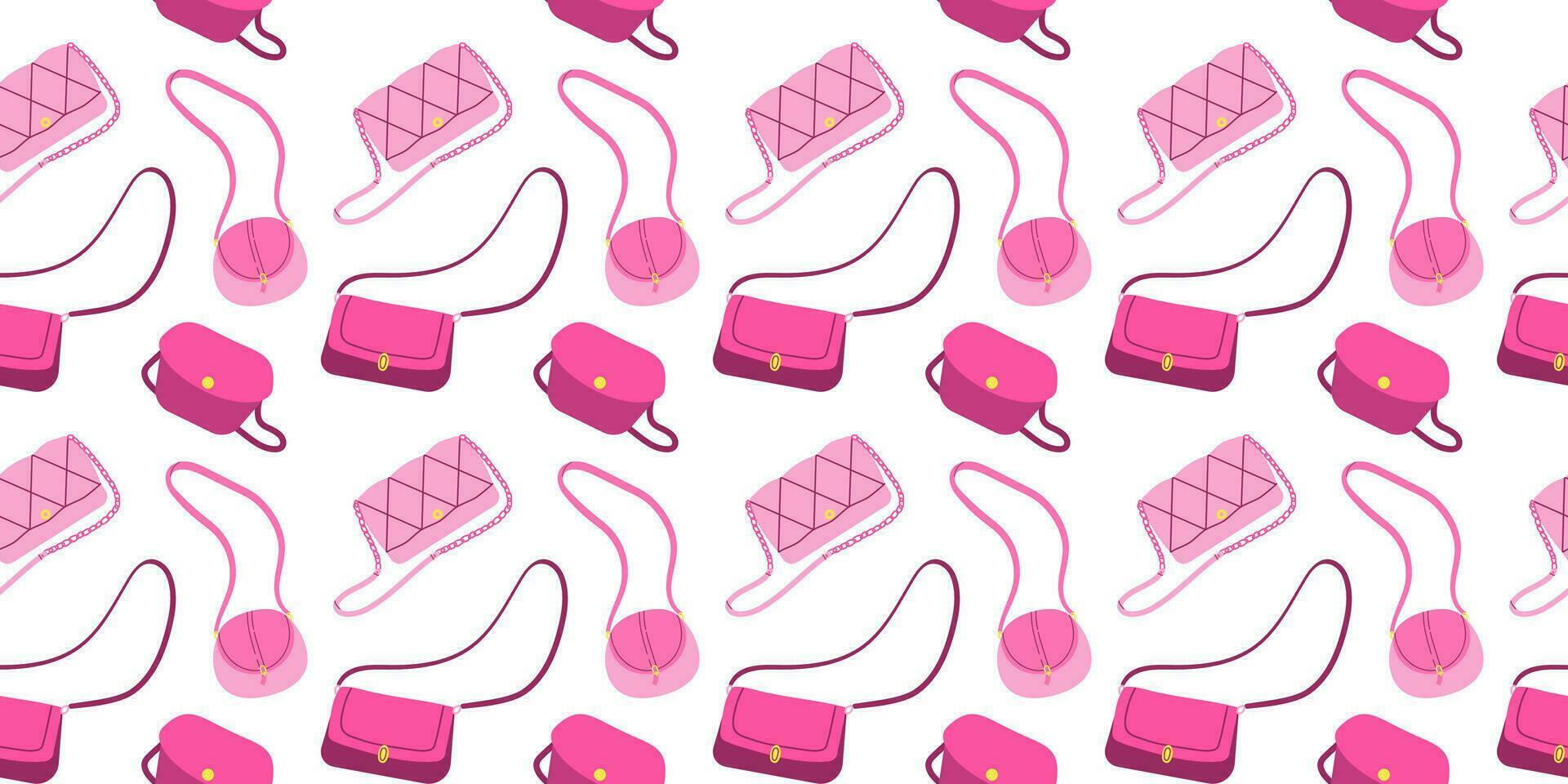 Seamless pattern with glamorous trendy pink different female bags. Flat vector illustration on white background. Nostalgic Pinkcore 2000s style collection. Valentines day.