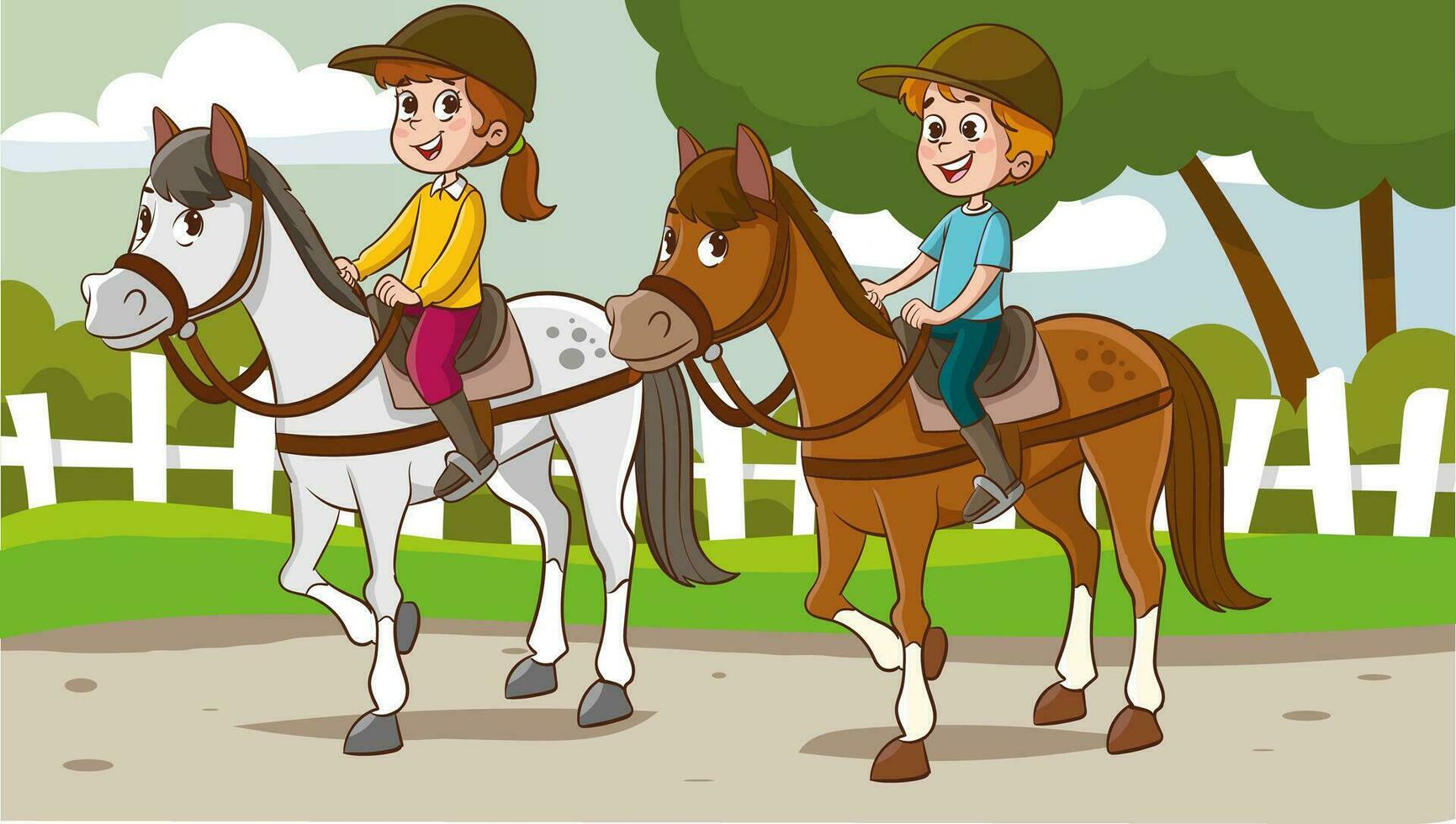 Horseback riding kids in the park. Cartoon vector illustration.