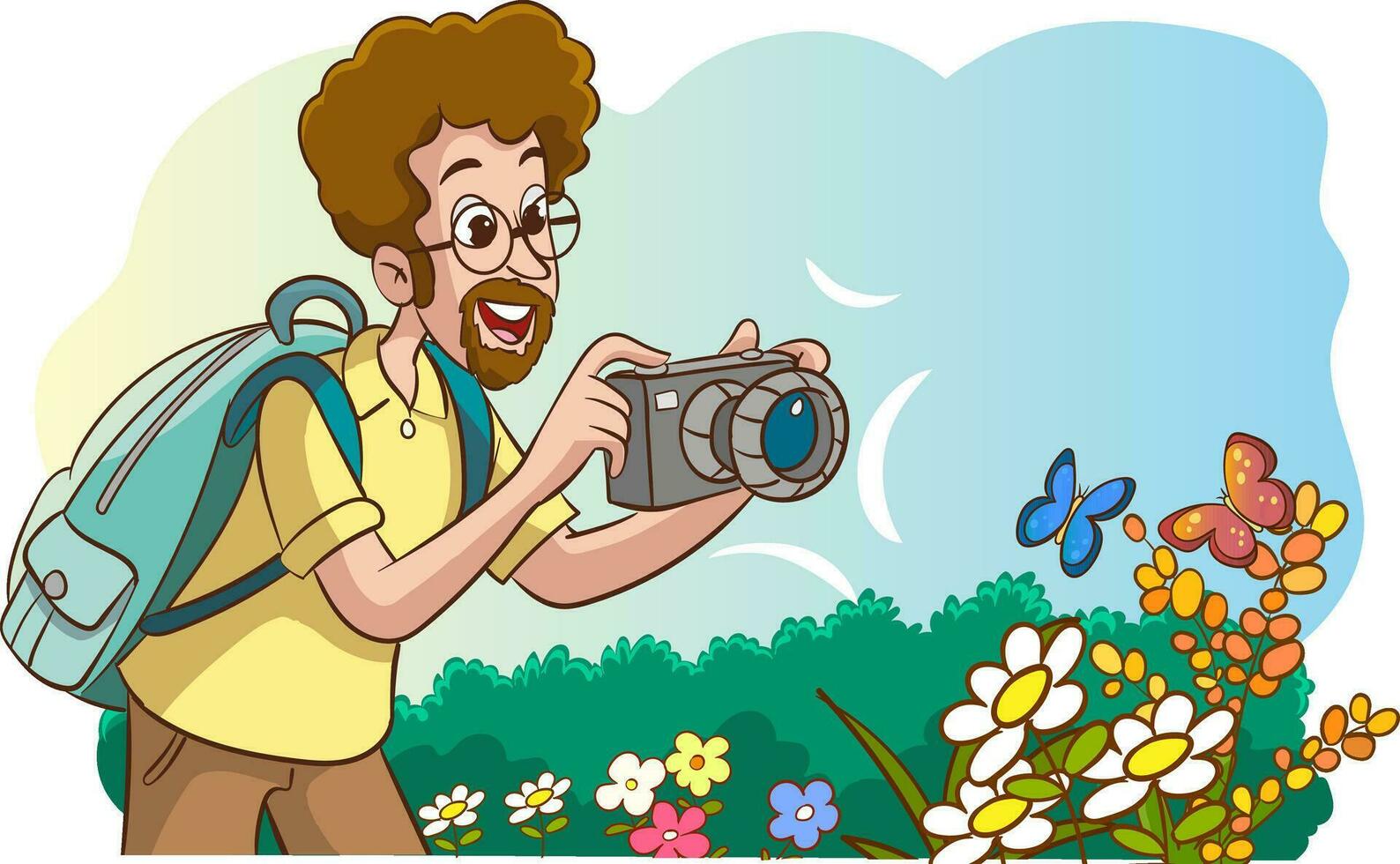 vector ilustración de un hombre tomando un imagen de flores con un cámara