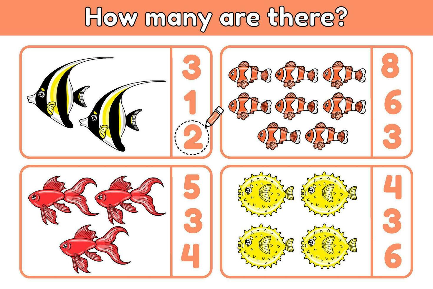 Educational math kids game with cartoon ocean fishes. Count and choose correct number. Exercise for training addition skills. Counting worksheet for preschool and school children. Vector template.