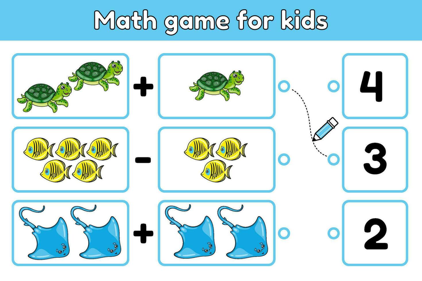 Math educational game for kids with cartoon sea animals. Exercise for training addition and subtraction. Solve mathematical example and choose correct number. Worksheet for education children. Vector. vector