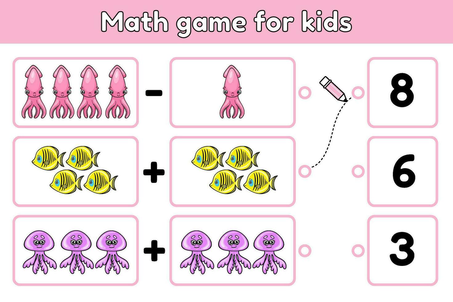 Educational math kids game with cartoon ocean animals. Solve a mathematical question and choose correct number. Exercise for training addition skills. Counting worksheet for education children. Vector