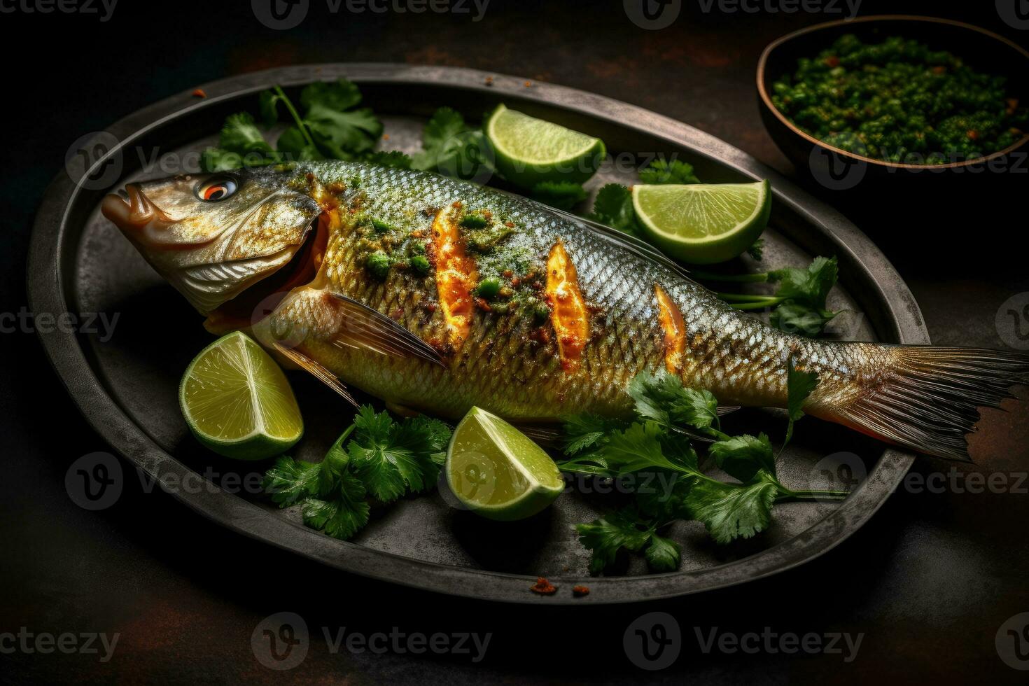 Whole fish with a grilled skin Arab food Generative AI photo