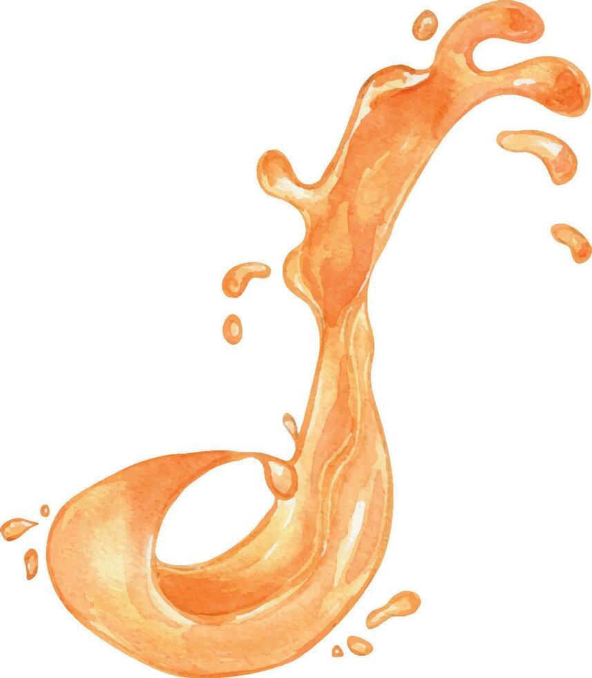 Splash juice of orange berries, fruit watercolor illustration isolated on white. Peach, mango, pumpkin yellow liquid hand drawn. Design element for packaging, menu, label, drink, ice-cream, tableware vector