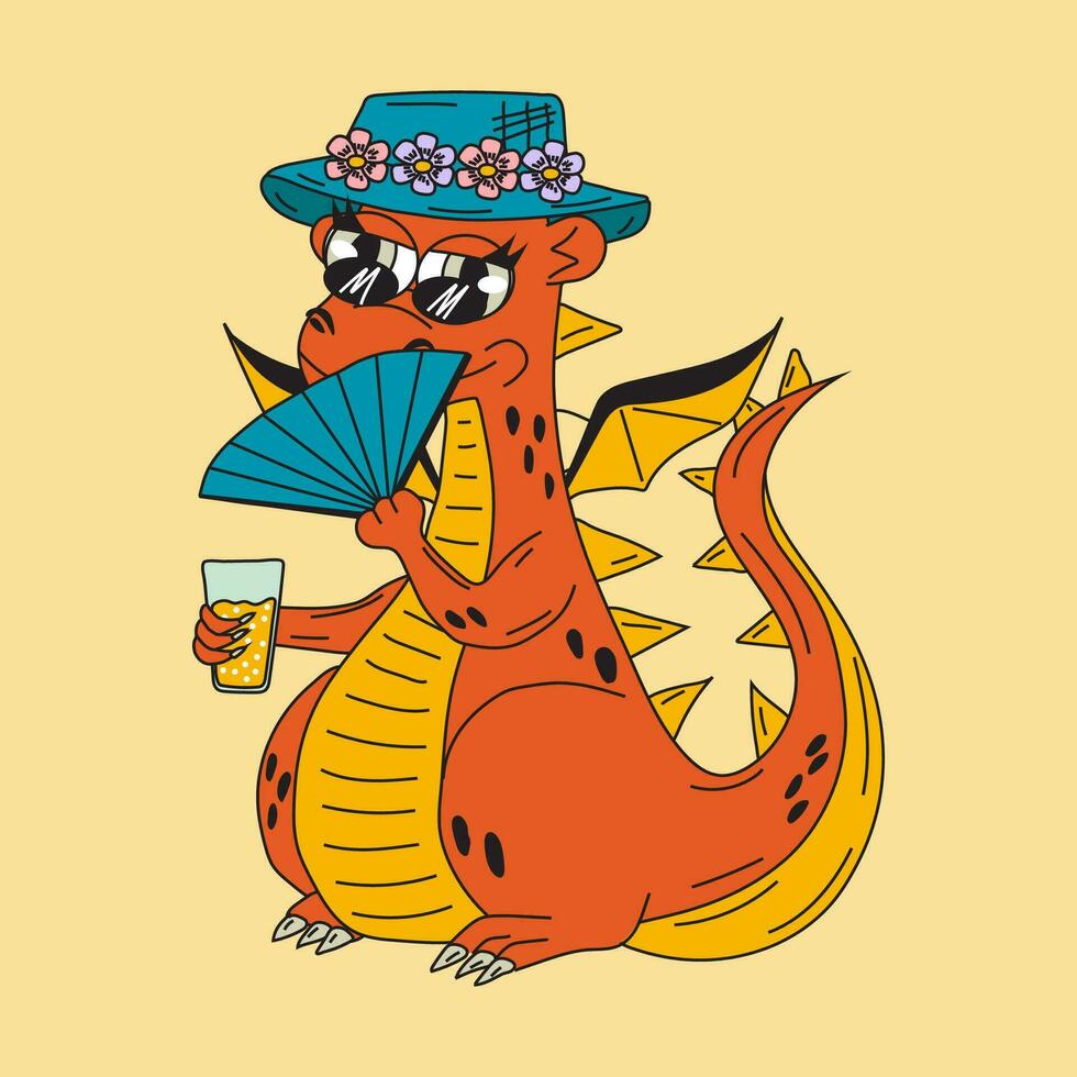 Funny fantasy character dragon with a cocktail and a fan. Isolated on white background. Vector cartoon colorful icons.