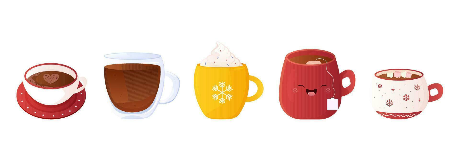 set of winter warm drinks vector illustration