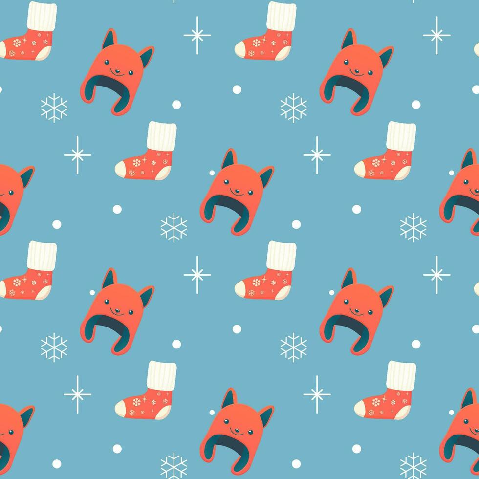 Seamless pattern, winter accessories, hat, socks, antlers, bells vector