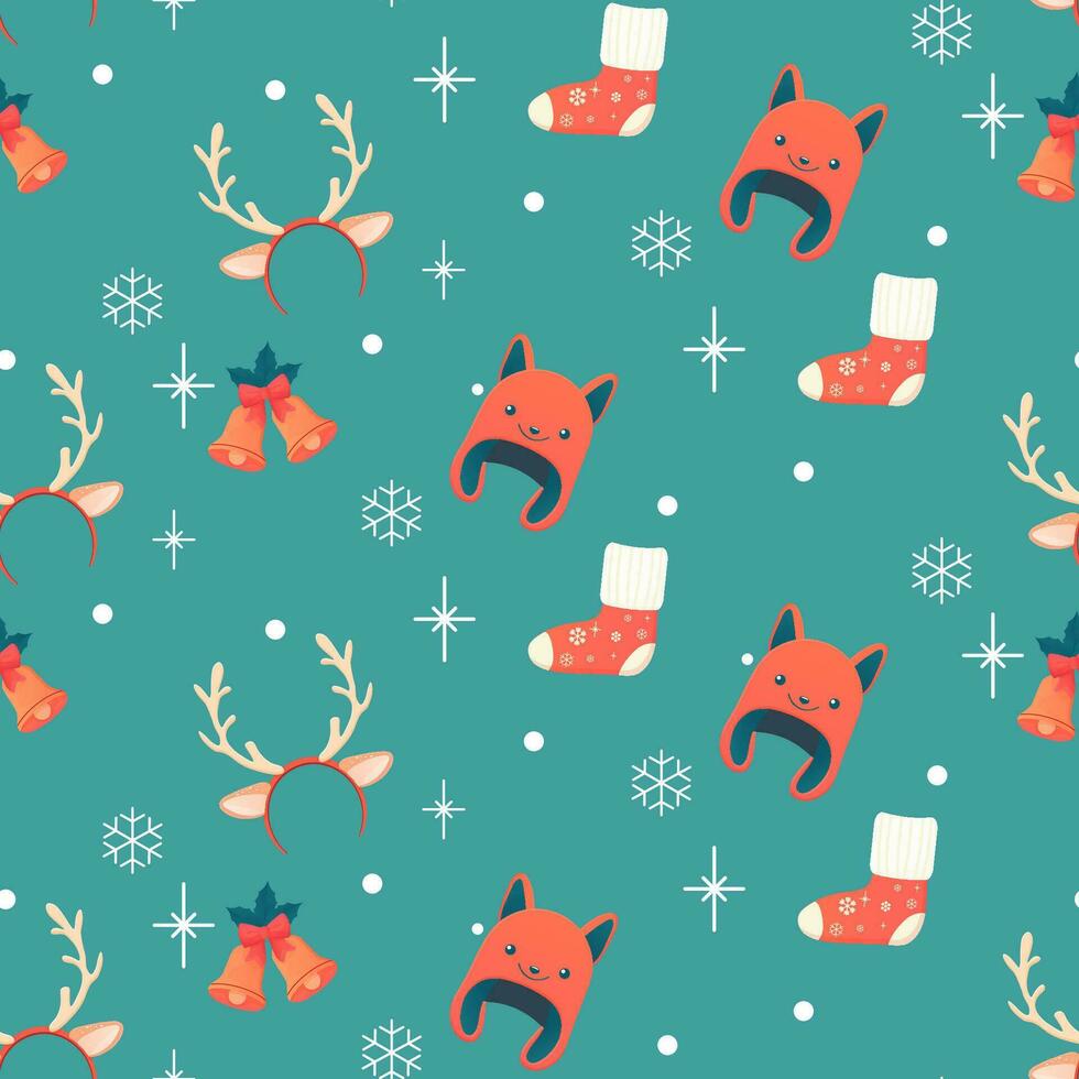 Seamless pattern, winter accessories, hat, socks, antlers, bells vector