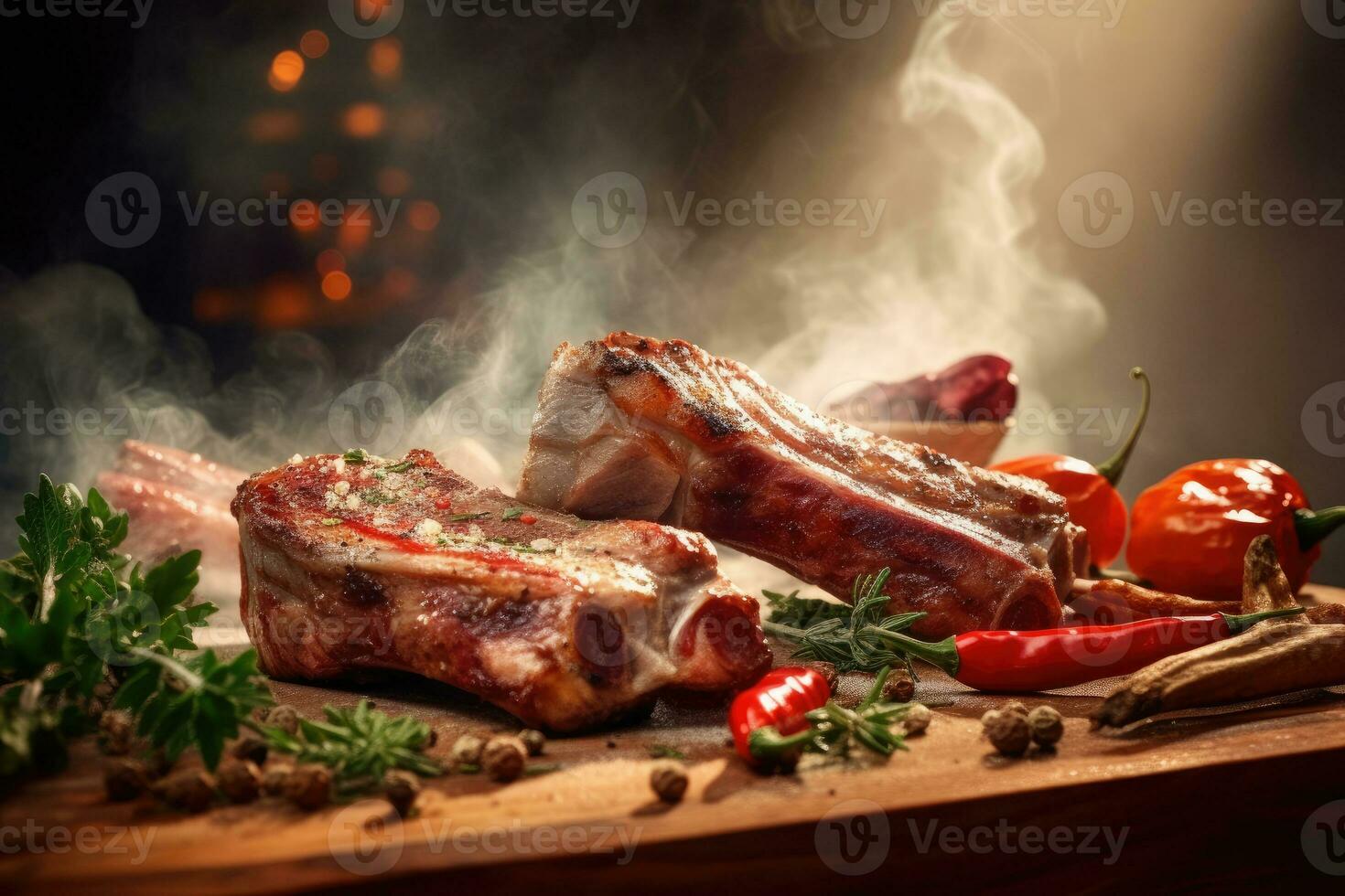 A stack of Lamb Ribs meat with smoke and pepper on the side ready to eat photo