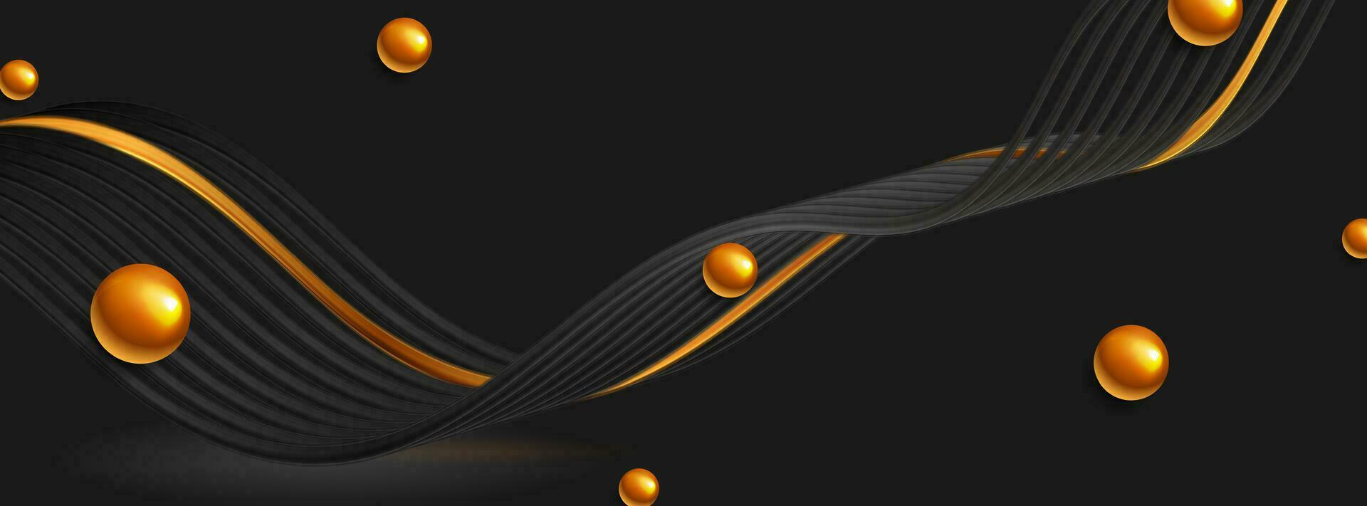 Bronze glossy spheres and black waves abstract background vector