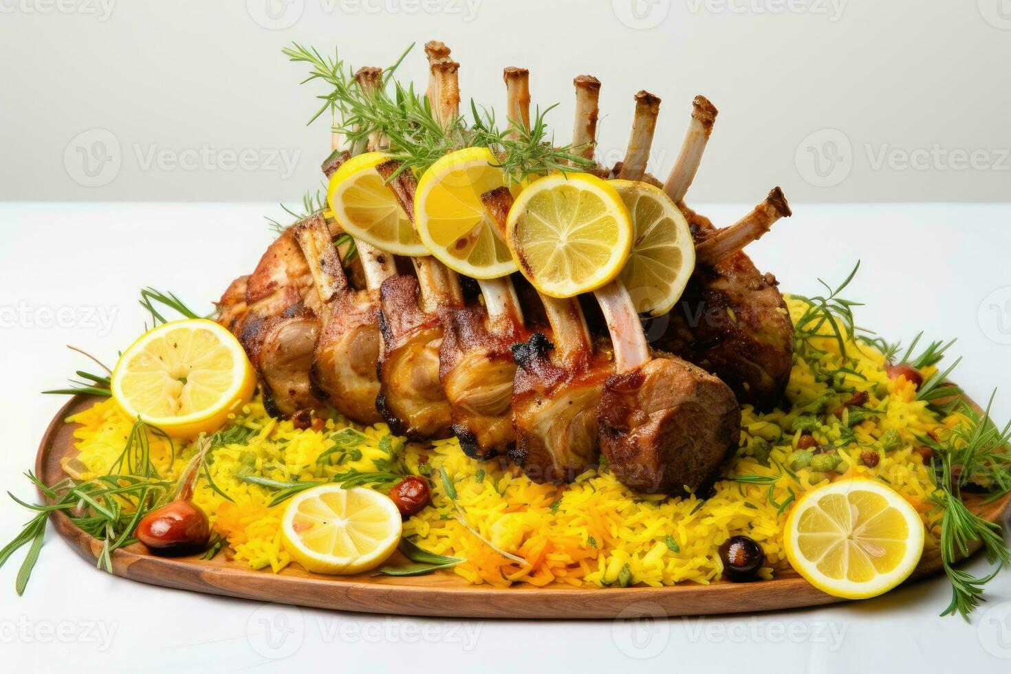 Lamb Shank Biryani Rice with lemon and mint on top Generative AI photo