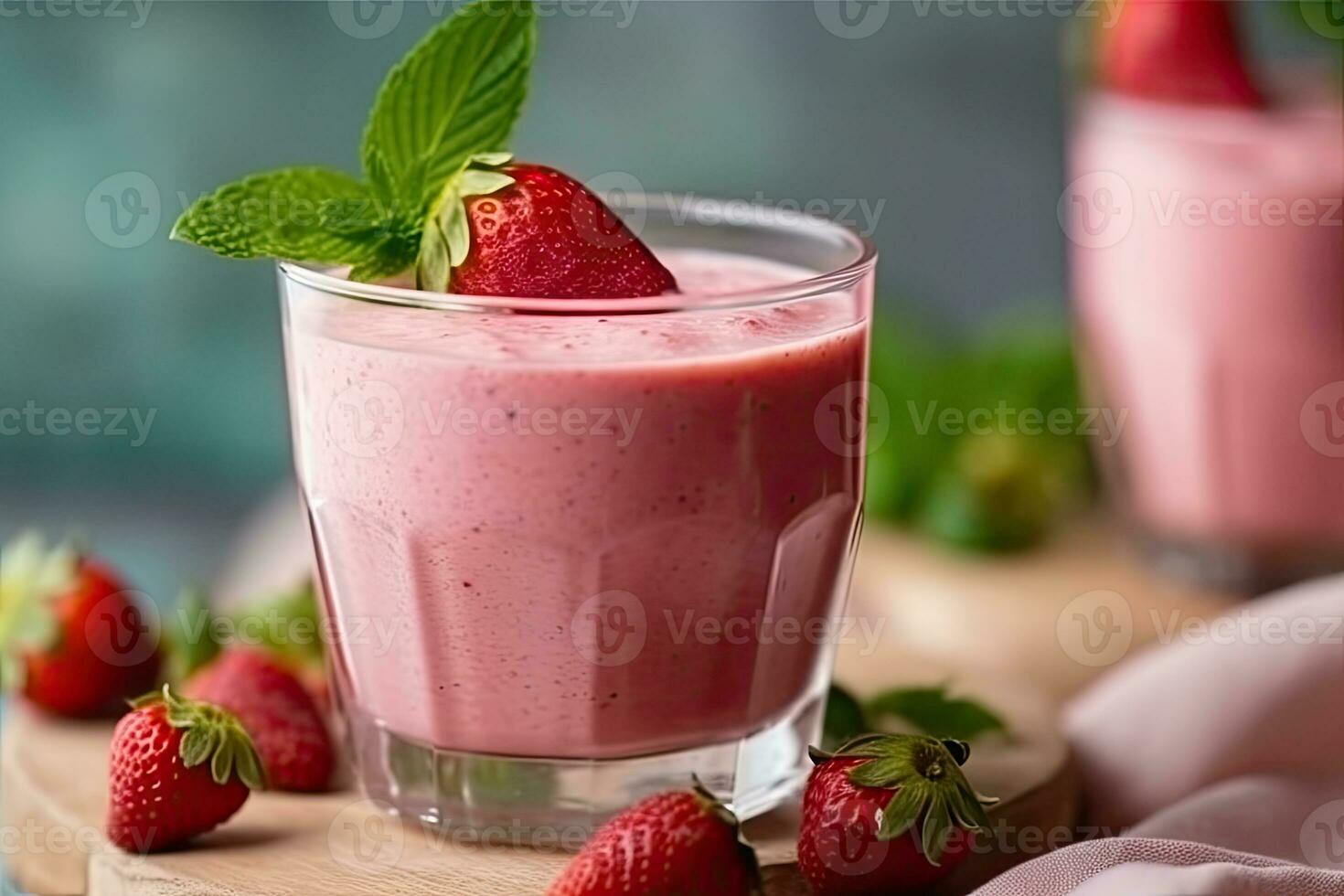 Appetizing homemade strawberry smoothie in glass, Generative AI photo