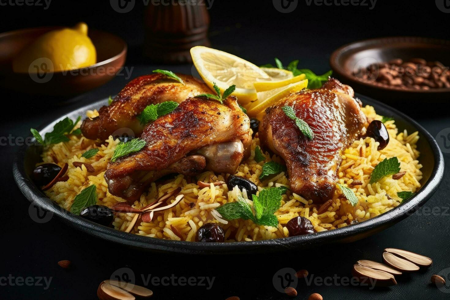 Plate of chicken with lemon and garlic on top, Generative AI photo