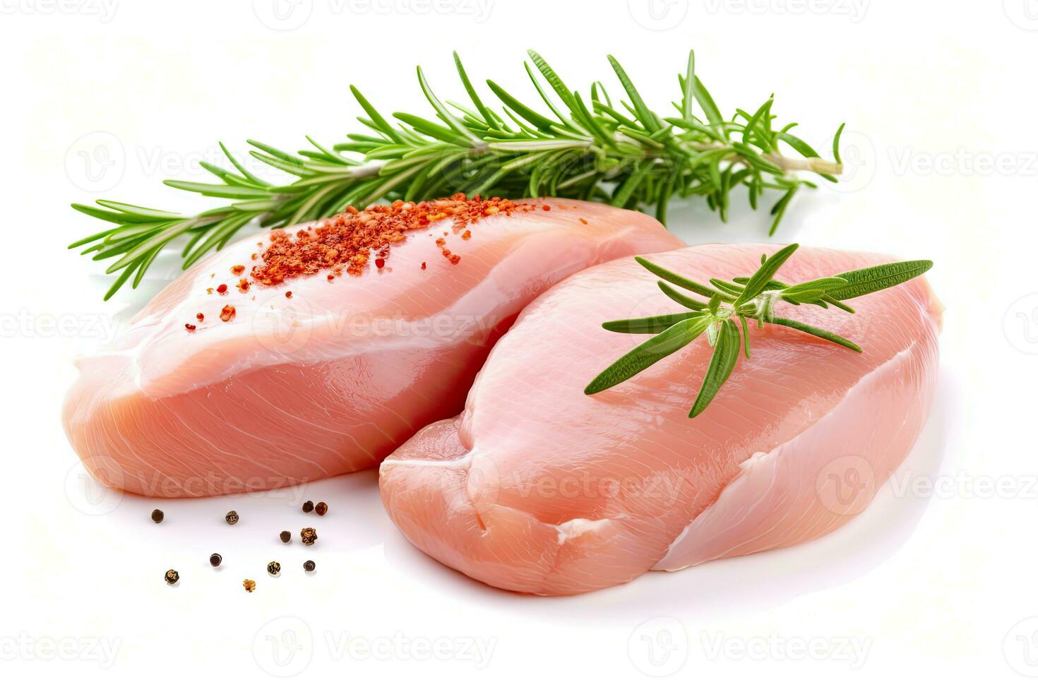 Chicken breast meat and herbs isolated on white, Generative AI photo