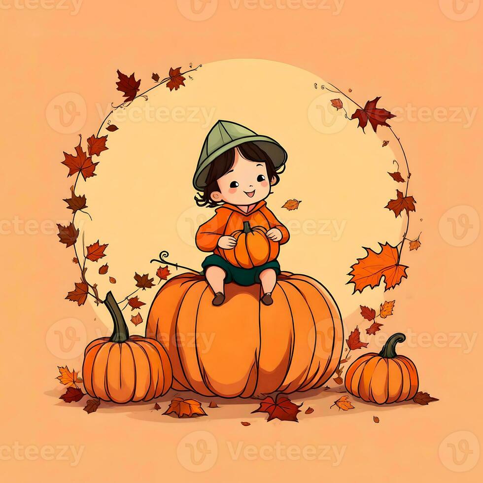 A Cute Happy Toddler Sitting On Giant Pumpkins Illustration photo