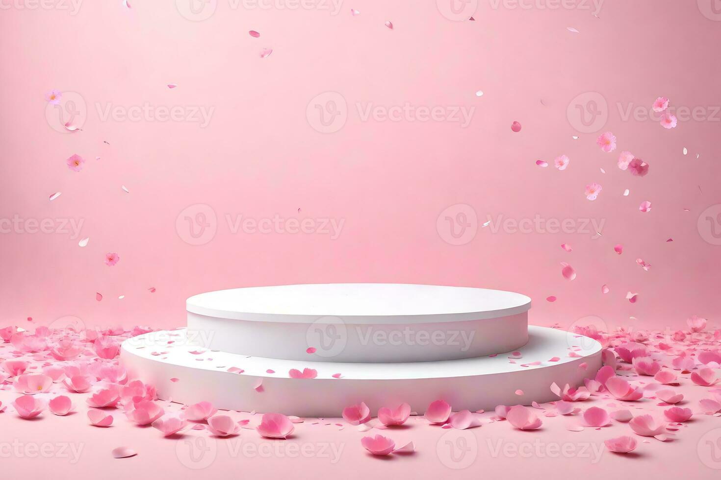 Simple 3D Pedestal Podium Surrounded By Sprinkled Sakura Petal And Flowers With Light Pink Background photo
