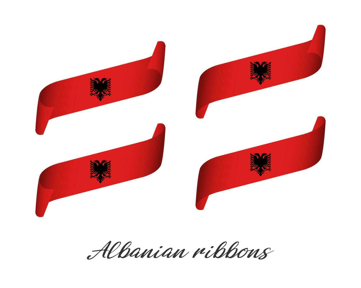 Set of four modern colored vector ribbons in the color of Albanian isolated on white background, flag of Albania, Albanian ribbons
