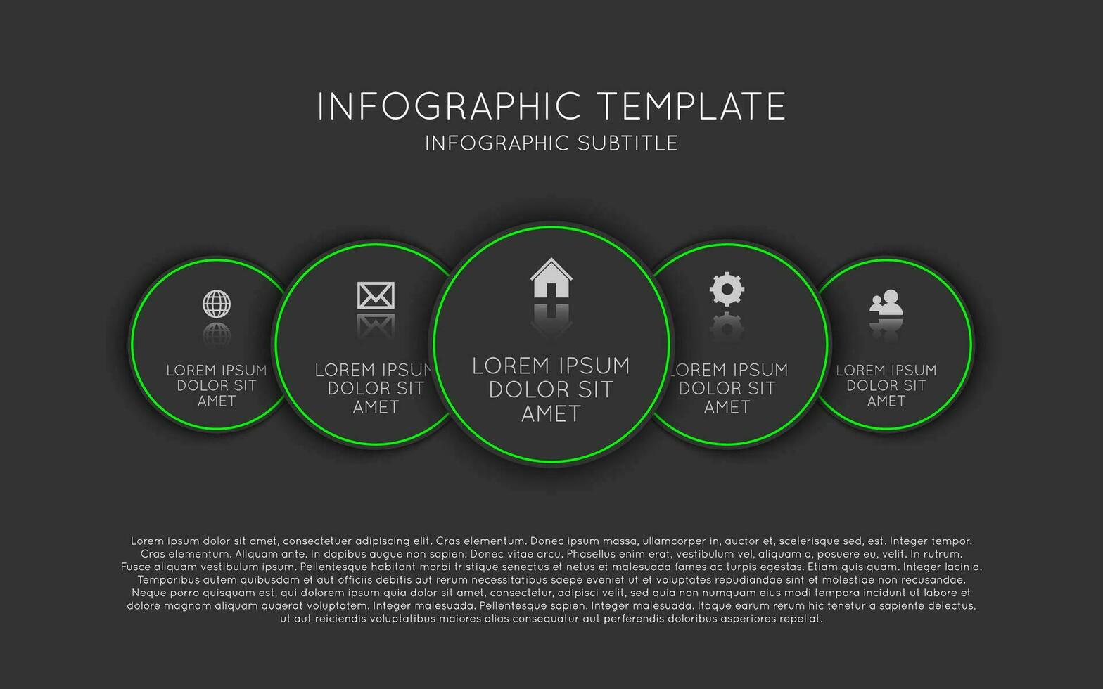 Vector infographic template with five dark circles with icons and descriptions. Modern process scheme on black background
