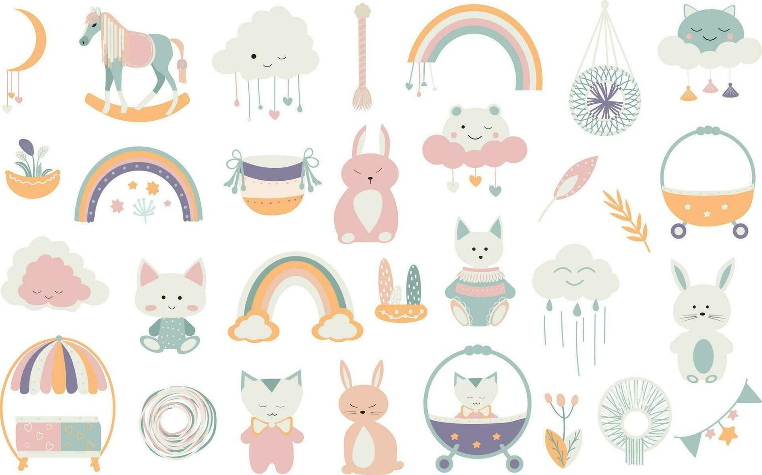 A collection of adorable baby items in a Scandinavian-inspired boho style.Doodle-style cartoon children's clipart for use in child shower invitations, nursery room decorations, and posters. vector