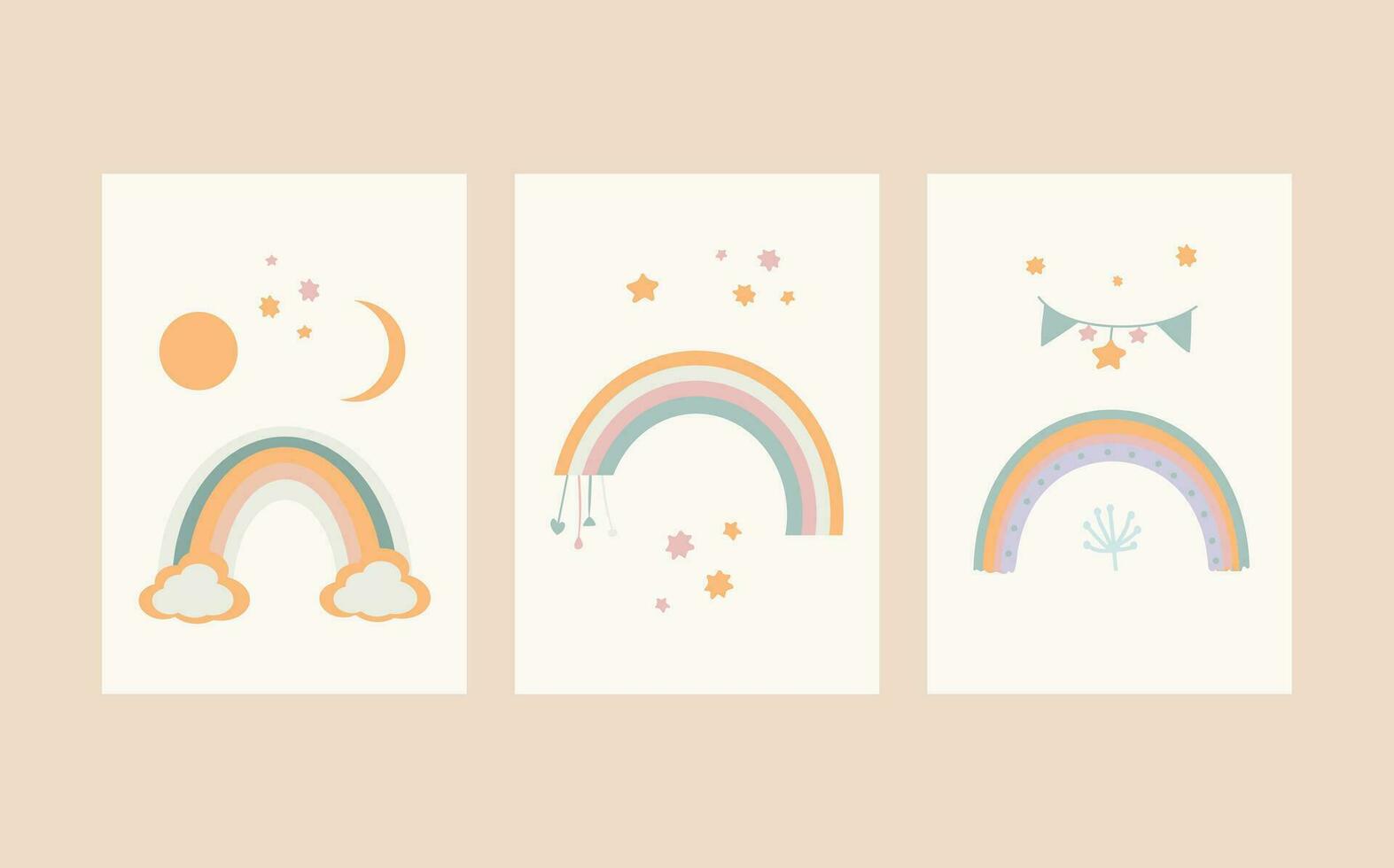 A collection of charming Scandinavian style boho baby cards featuring adorable doodle children clipart.Cute cartoon bohemian nursery posters.For shower invitations, posters, and more. vector