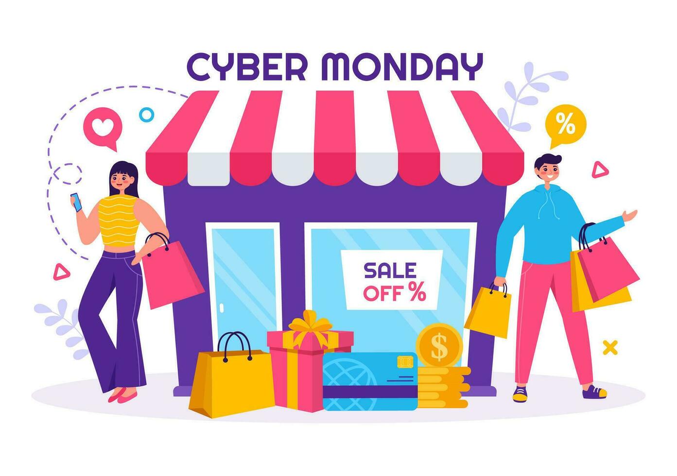 Cyber Monday Event Vector Illustration with Super Sale and Big Discount Purchases Goods in Paper Bags for Promotions in Flat Cartoon Background