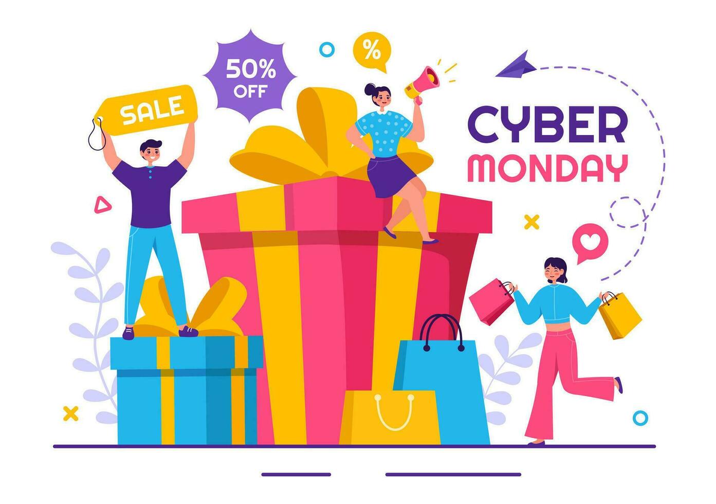 Cyber Monday Event Vector Illustration with Super Sale and Big Discount Purchases Goods in Paper Bags for Promotions in Flat Cartoon Background