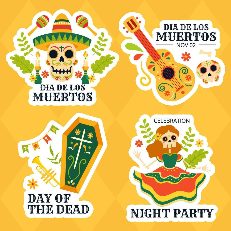 Dia de Los Muertos Label Illustration Flat Cartoon Hand Drawn Templates Background vector