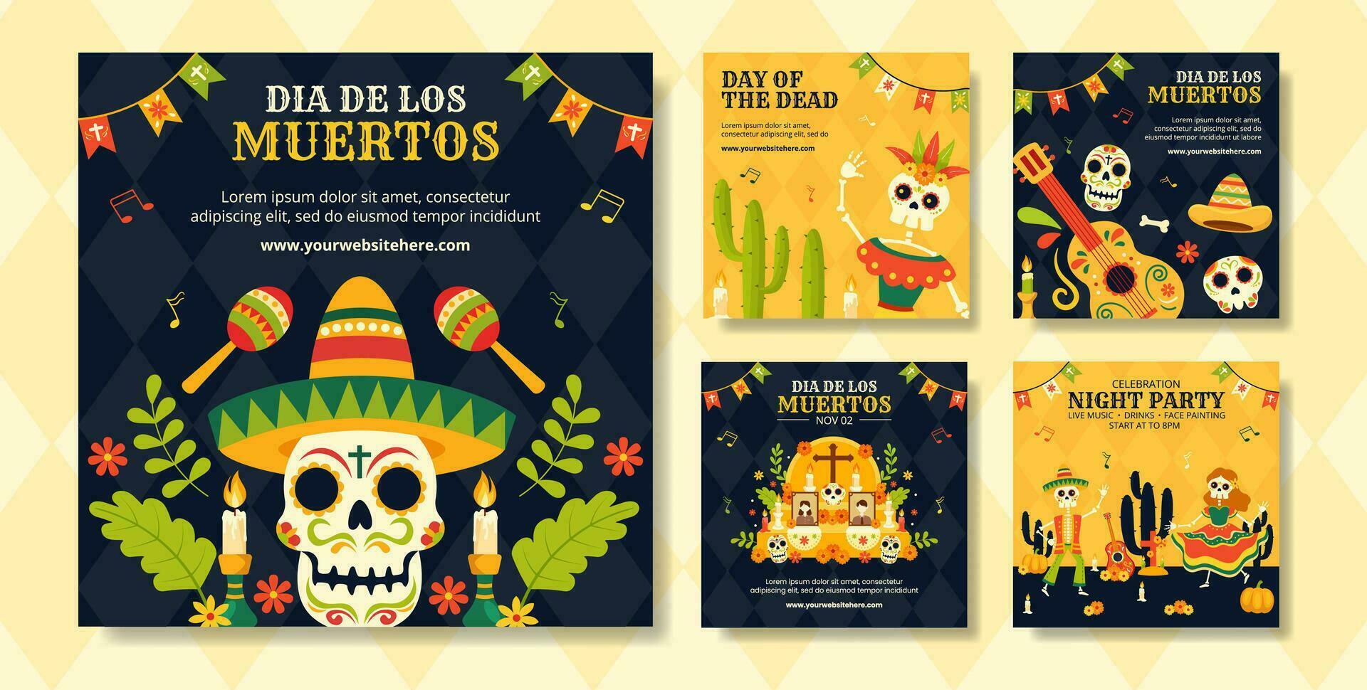 Dia de Los Muertos Social Media Post Illustration Flat Cartoon Hand Drawn Templates Background vector