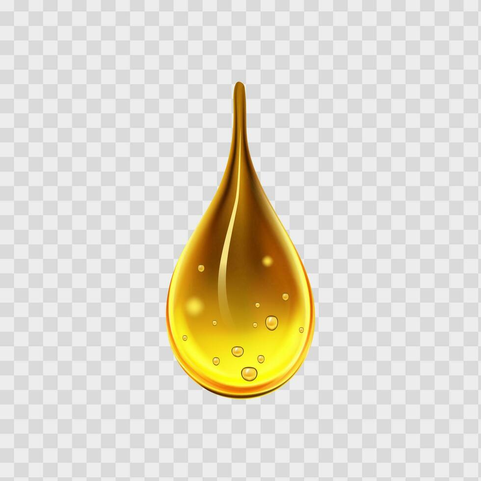 conjunto de líquido dorado gotas de agua, miel o aceite. colágeno cosmético esencia. orgánico suero o argán burbujas que cae gasolina amarillo gotita. vector