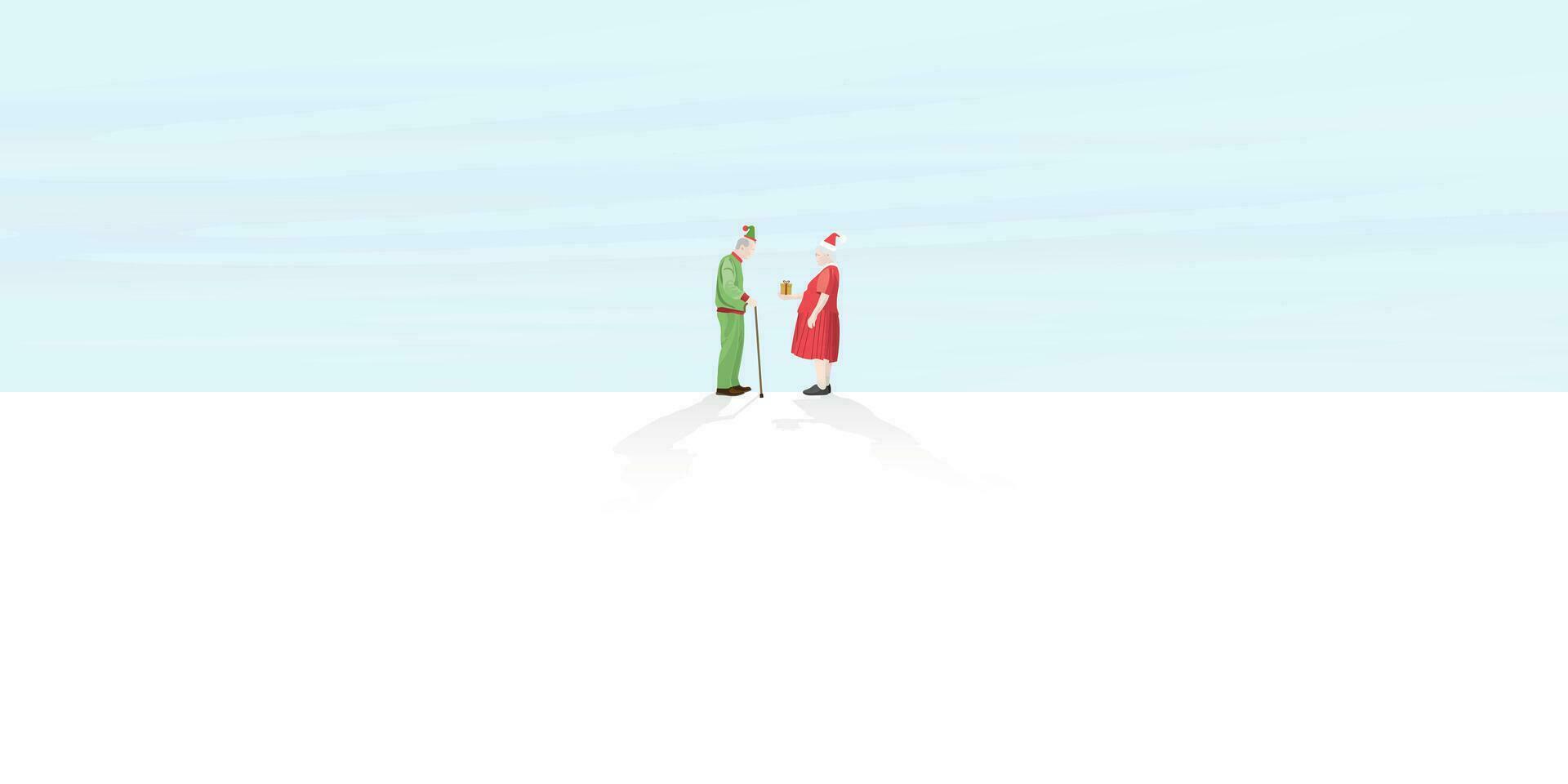 Grandmother dress up as Santa Clause give a gift to grandfather who dress up as Elf with minimal snowland background vector illustration. Merry Christmas and Happy New Year greeting card for elder.