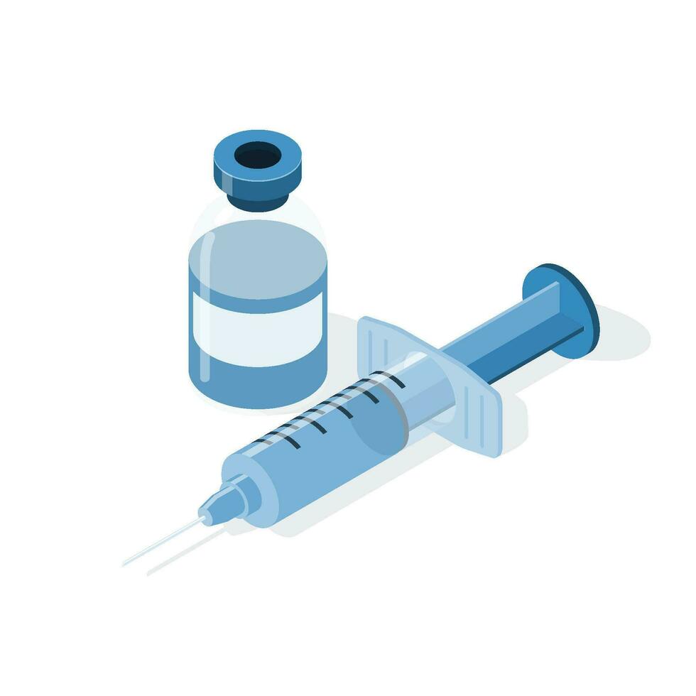 Plastic syringe with vaccine bottle isolated on white background. Isometric vector