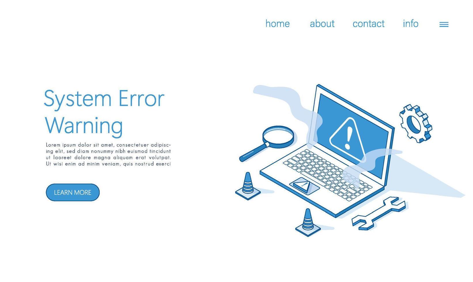 Landing page template system error warning on laptop screen. Isometric vector. vector