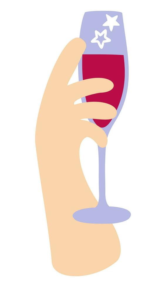 Hand with glass of red wine. Vector isolated illustration.