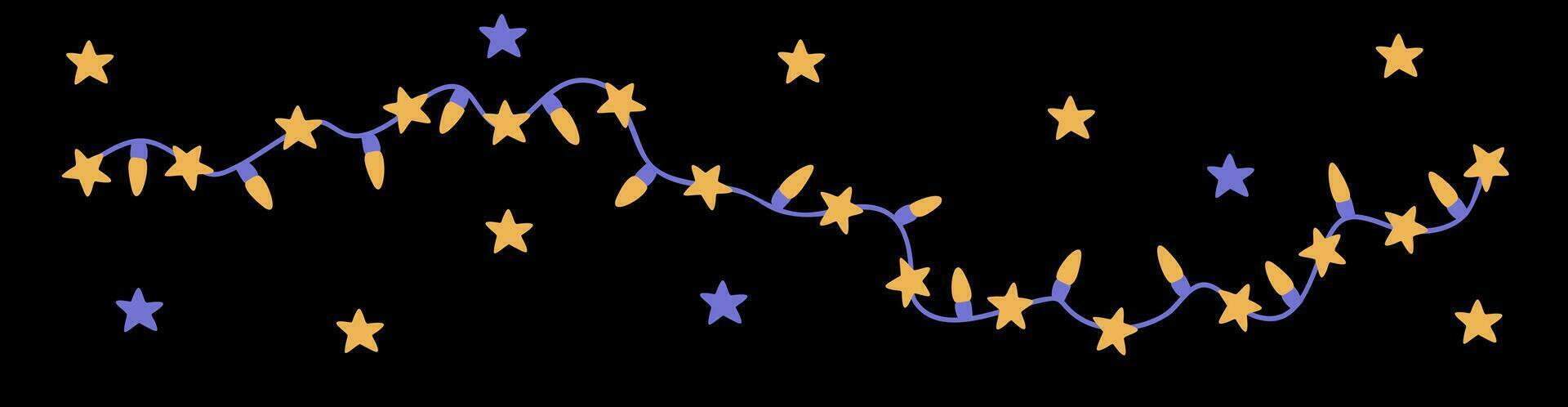 Shining party garland with lights and stars. Vector illustration isolated on black background.