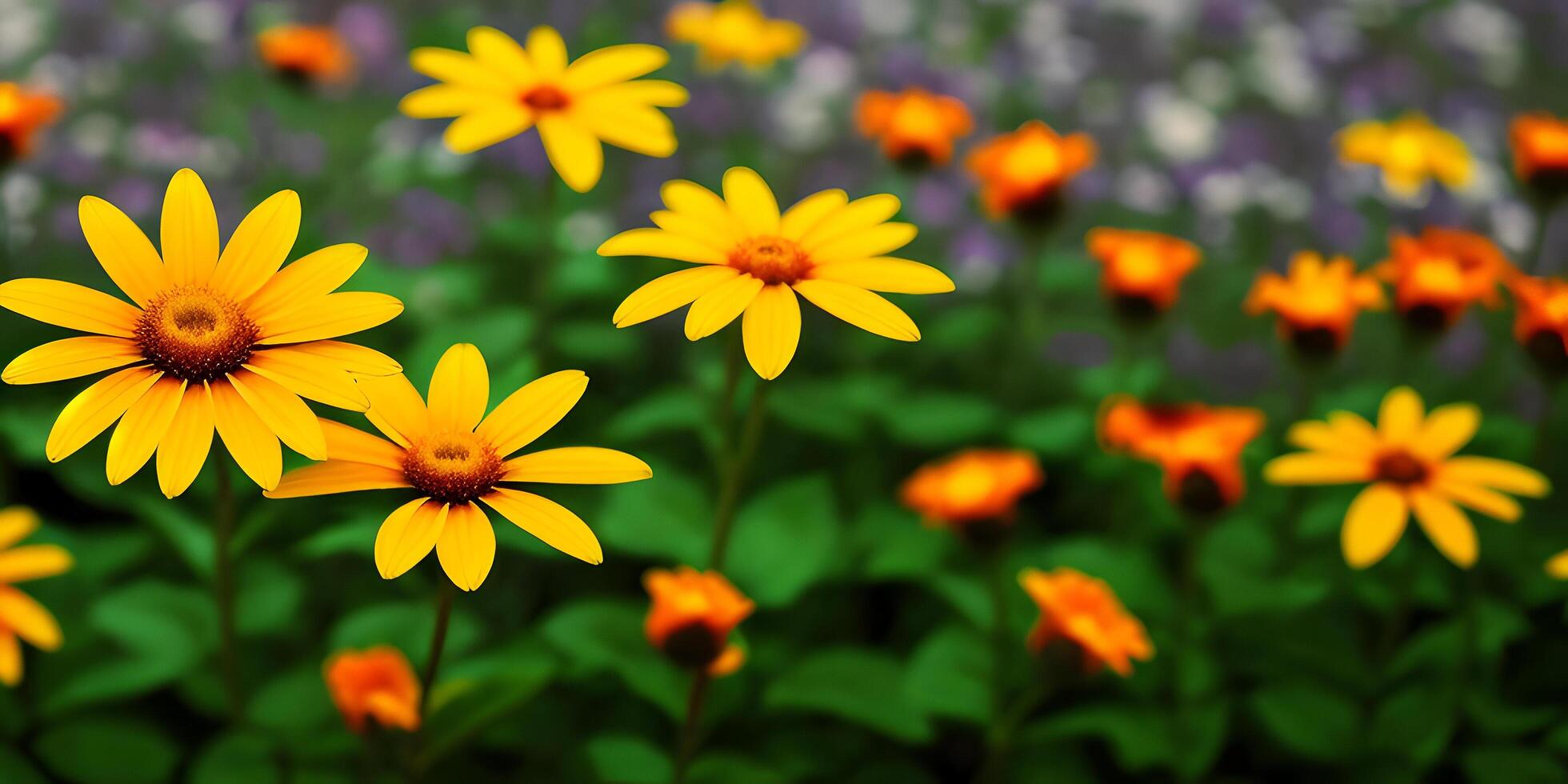 Flowers concept wallpaper assorted beautiful flowers green leaves by blurred background. photo