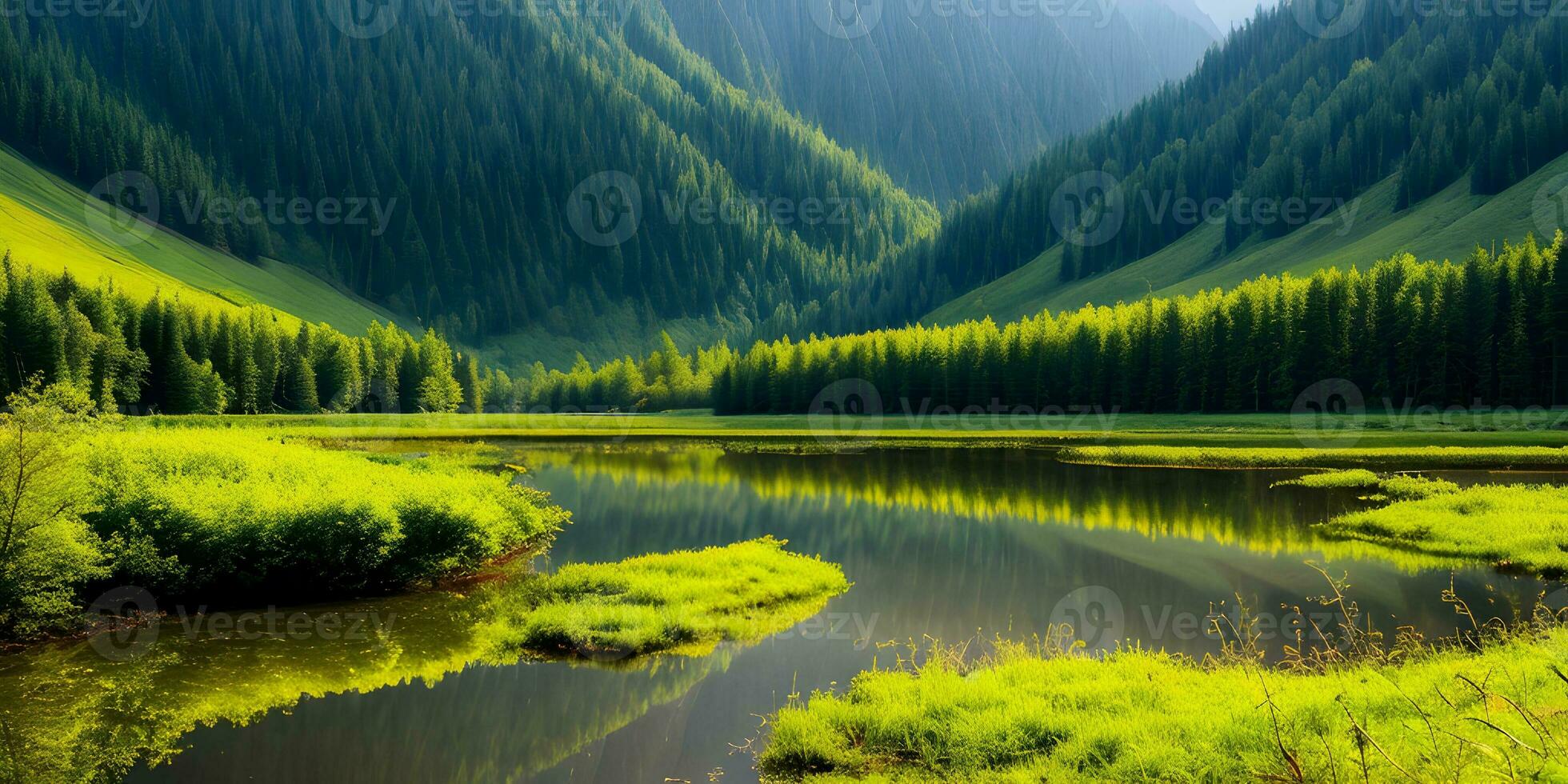 Serene spring summer nature landscape reflection. AI Generative photo