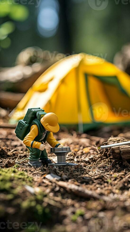 Comedy in Wilderness - Hiker's Amusing Attempt at Toy Tent Pitching AI Generative photo