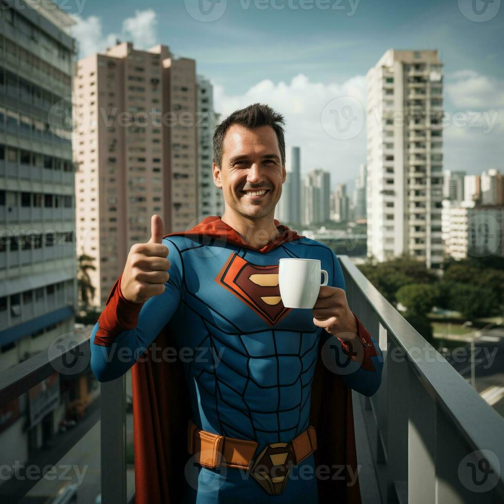 Coffee, Cityscape, Costume - The Casual Morning of an Off-Duty Hero AI Generative photo