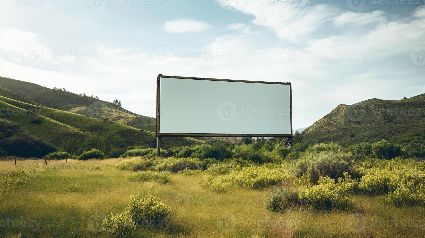 Rural tranquility featuring a blank billboard frame against rolling hills, untapped advertising potential photo