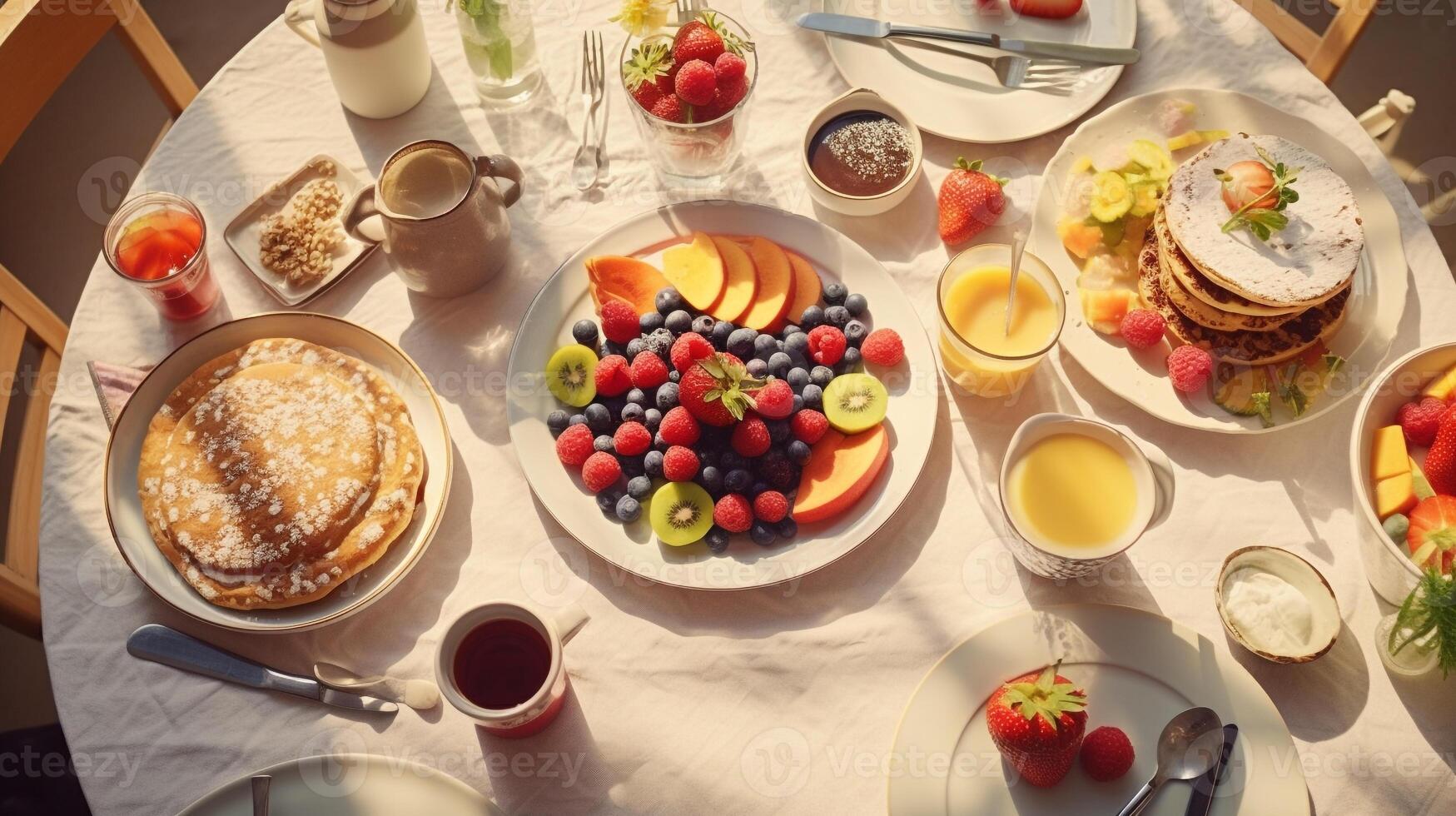 Overhead view of communal breakfast scene, highlighting shared meals in morning sunlight photo